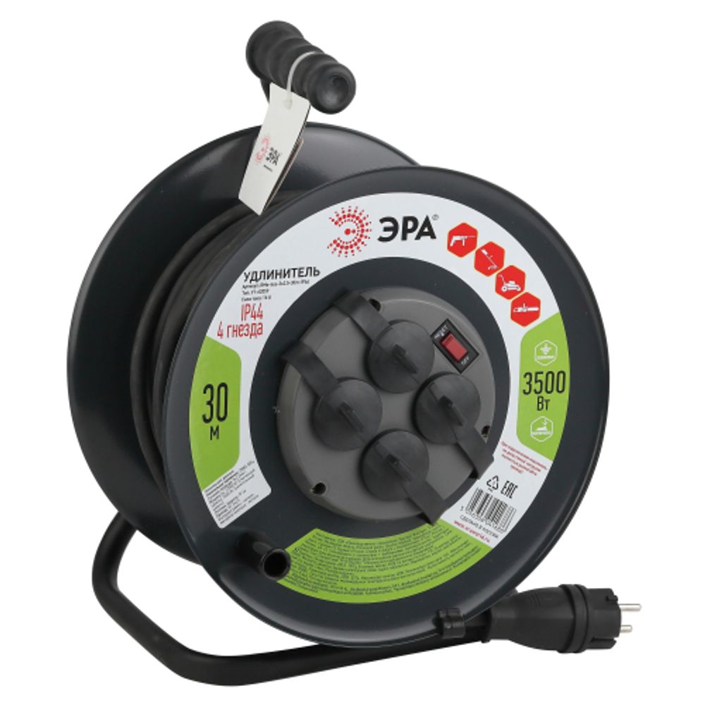 Удлинитель силовой ЭРА RMx-4es-3x2.5-30m-IP44(KG) на металлической катушке c заземлением 4 розетки 30м КГ 3х2.5мм2 | Электротовары