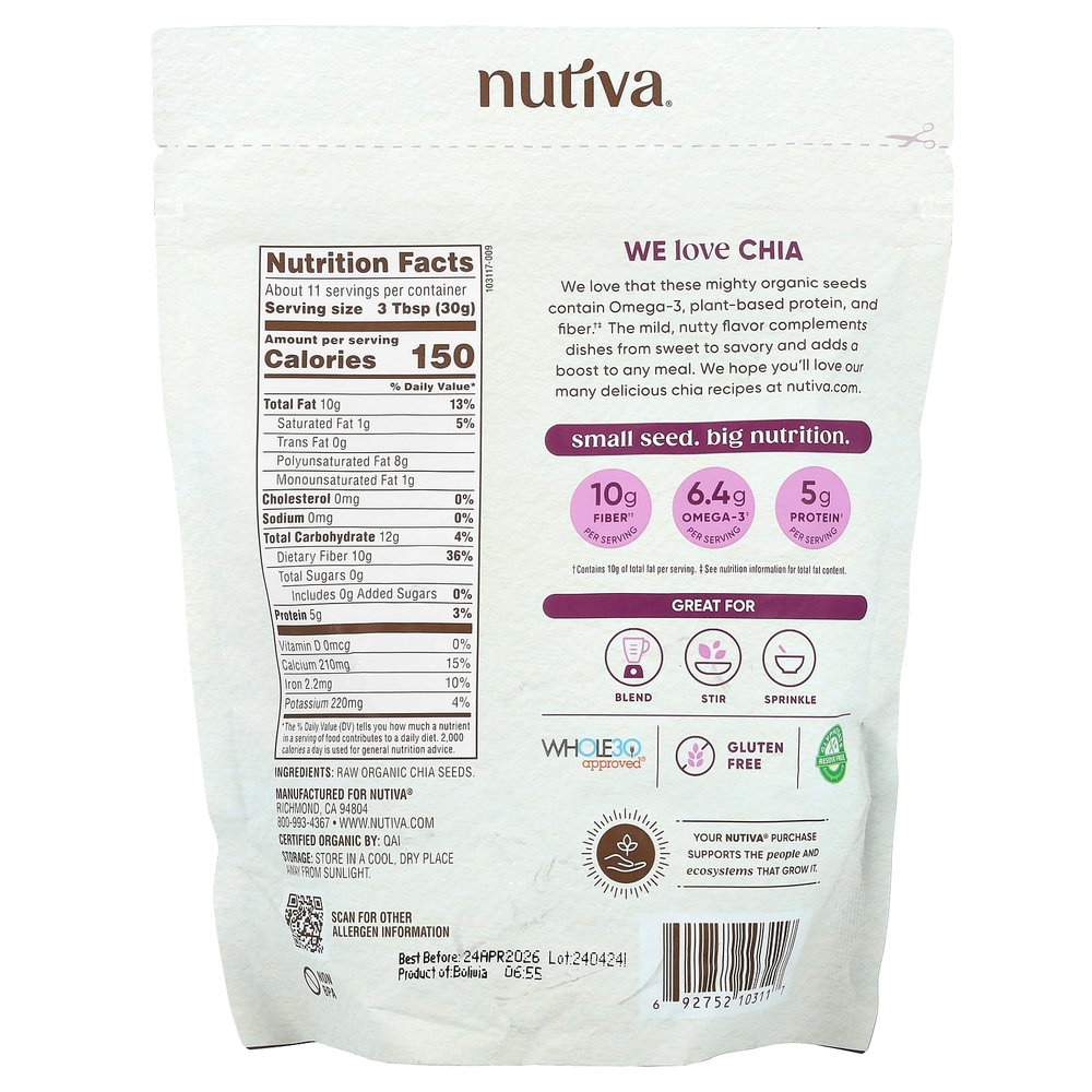 Nutiva, органические семена чиа, 340 г (12 унций)