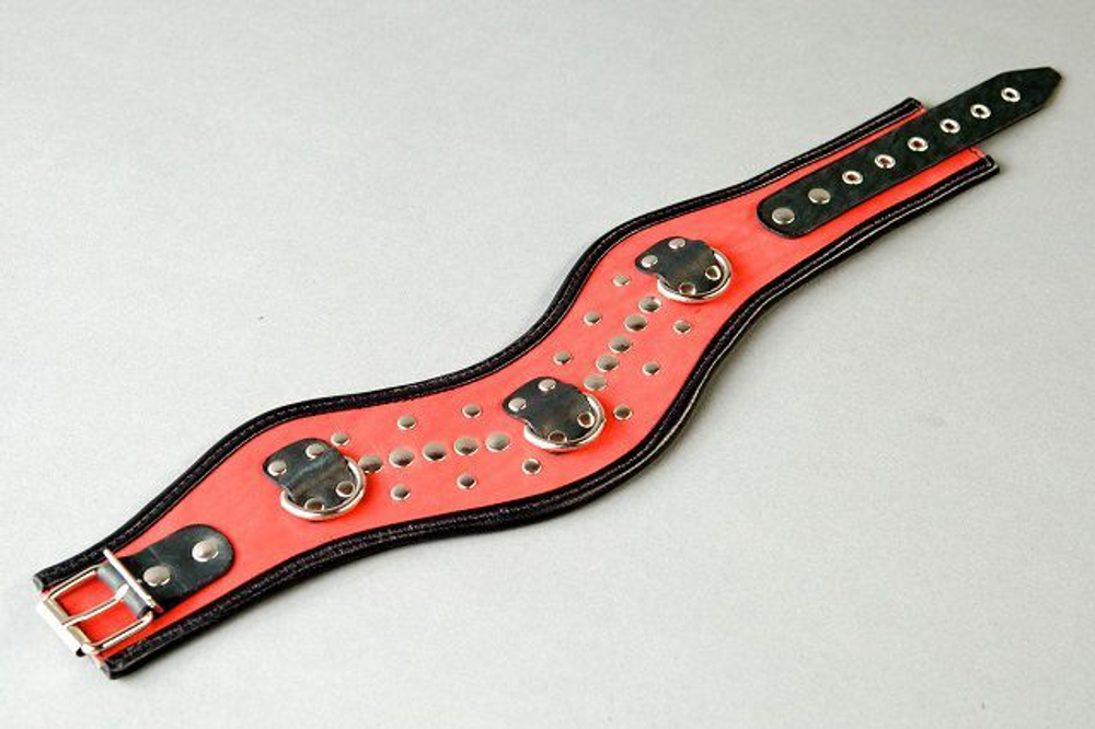 Фигурный красный ошейник с клёпками и кольцами (Цвет: красный с черным)