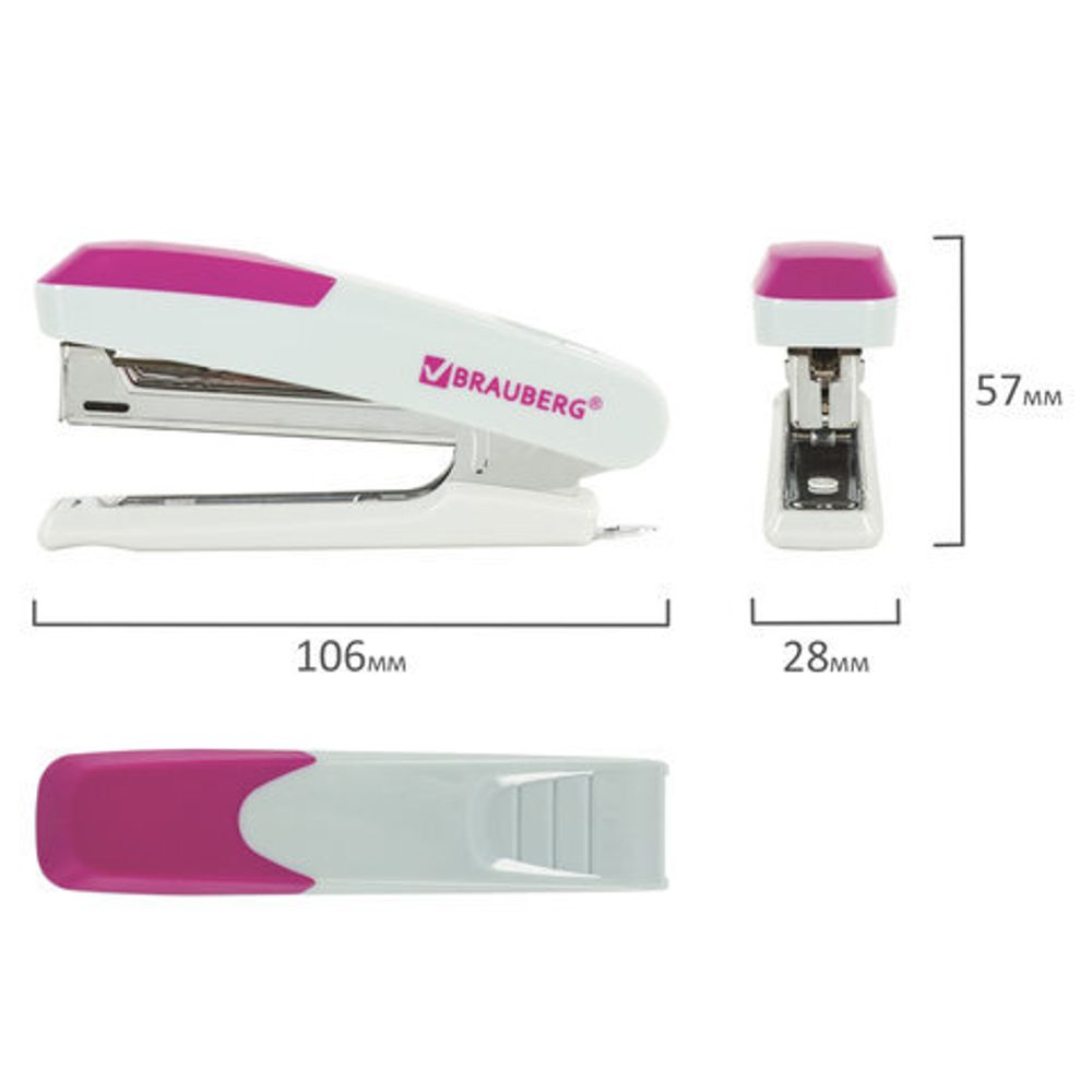 Степлер №10 BRAUBERG "Delta", до 12 листов, с резиновой накладкой и антистеплером, серый, розовая вставка, 222556