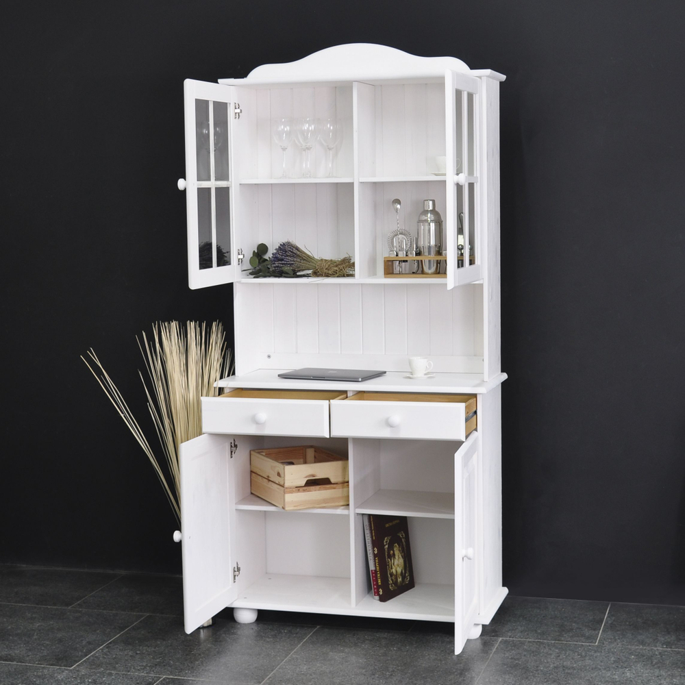 Шкаф витрина, 90х39х192, Лена, стеклянная, для посуды, в гостиную, буфет для кухни, из массива дерева, белый, Dipriz