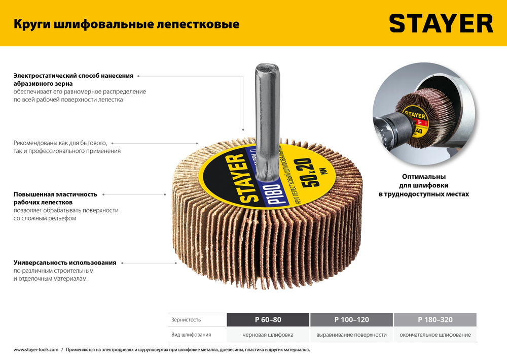 STAYER d 60 x 30 мм, P100, на шпильке d 6 мм, круг шлифовальный лепестковый (36608-100)
