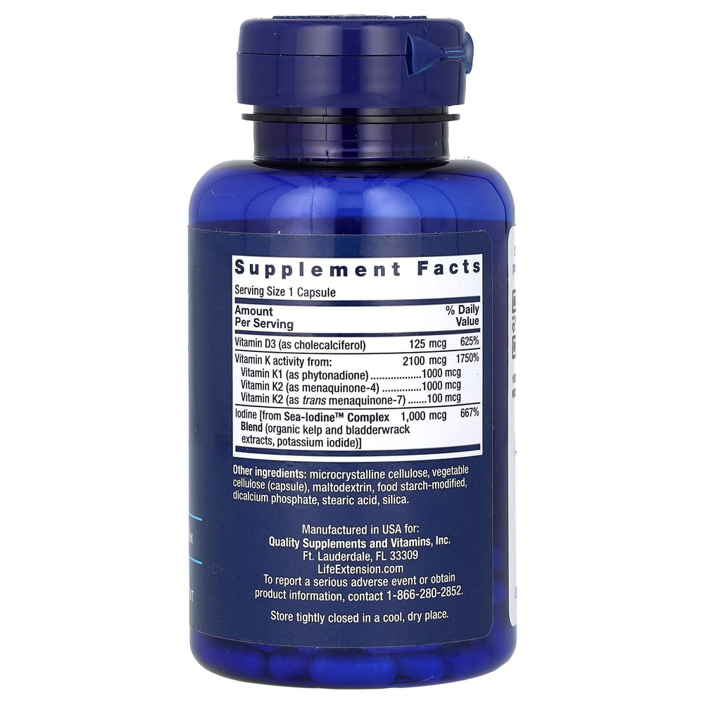 Life Extension, витамины D и К с йодом Sea-Iodine, 60 капсул