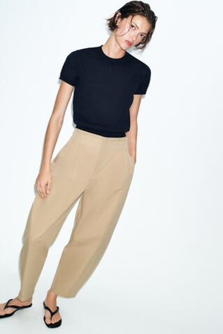 ZARA БРЮКИ PAPERBAG GLOBO, СВЕТЛЫЙ ЖЕЛТО-КОРИЧНЕВЫЙ
