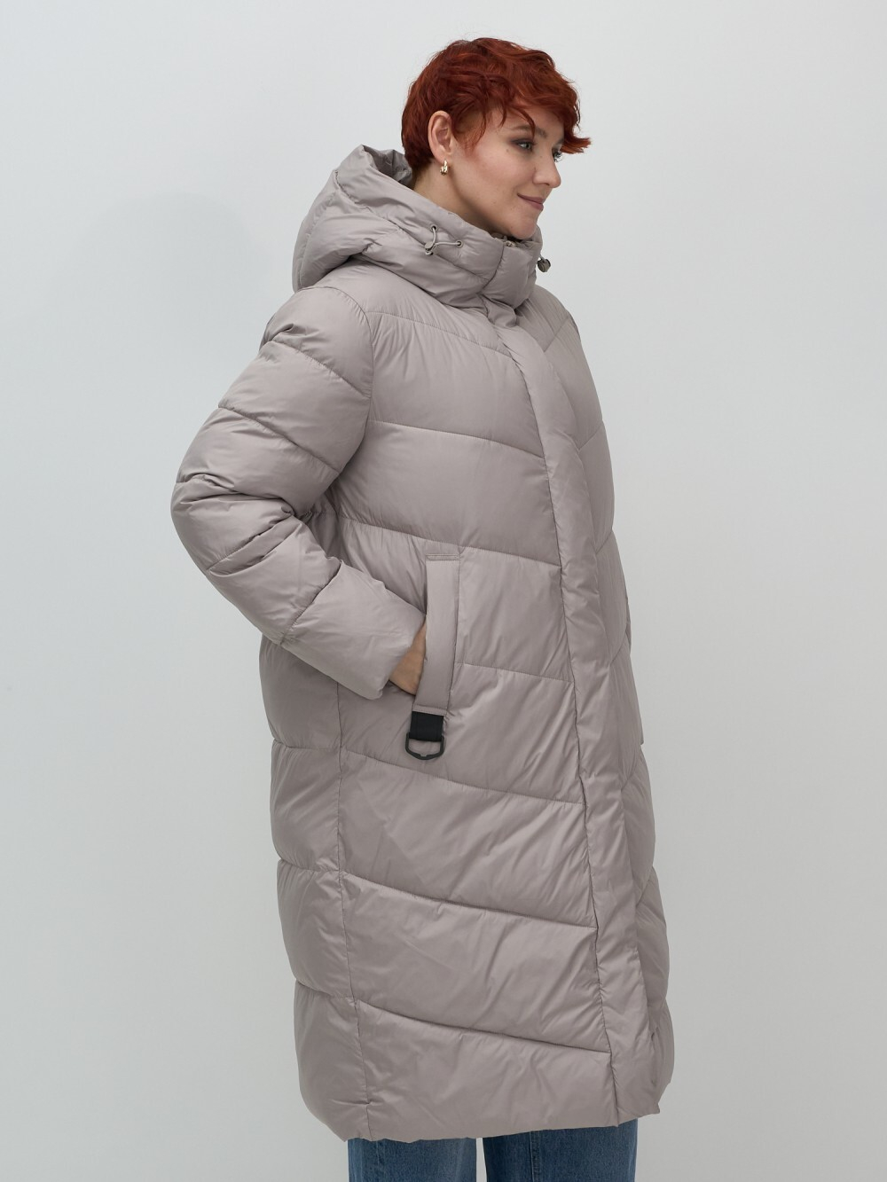 Пальто зимнее утепленное с капюшоном женское серого цвета 7623Sr