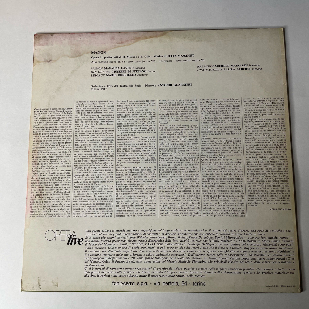 Винтажная виниловая пластинка LP Massenet, Orchestra Del Teatro Alla Scala, Antonio Guarnieri Manon (Selezione) (Milano: Teatro Alla Scala - 1947) (Италия 1976)