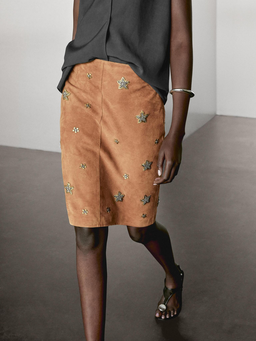 Massimo Dutti Юбка миди из замши, коричневый