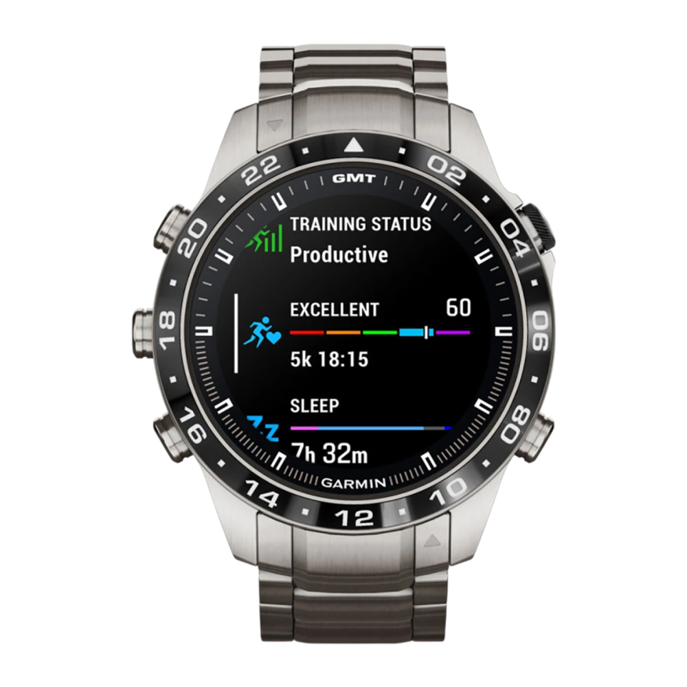 Спортивные часы Garmin MARQ Aviator (Gen 2), титановый блочный браслет, чёрный силиконовый ремешок Безель из титана и керамики, корпус из титана, AMOLED-дисплей с куполообразным сапфировым стеклом. Блочный браслет с раскладывающейся застёжкой и силиконовы