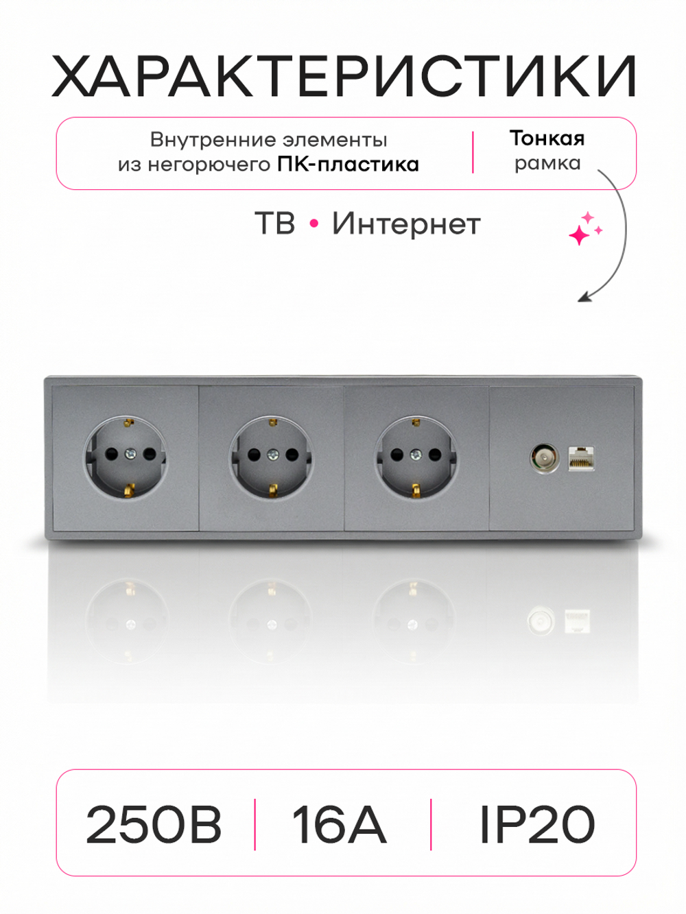 Розетка внутренняя тройная с ТВ и интернет серая