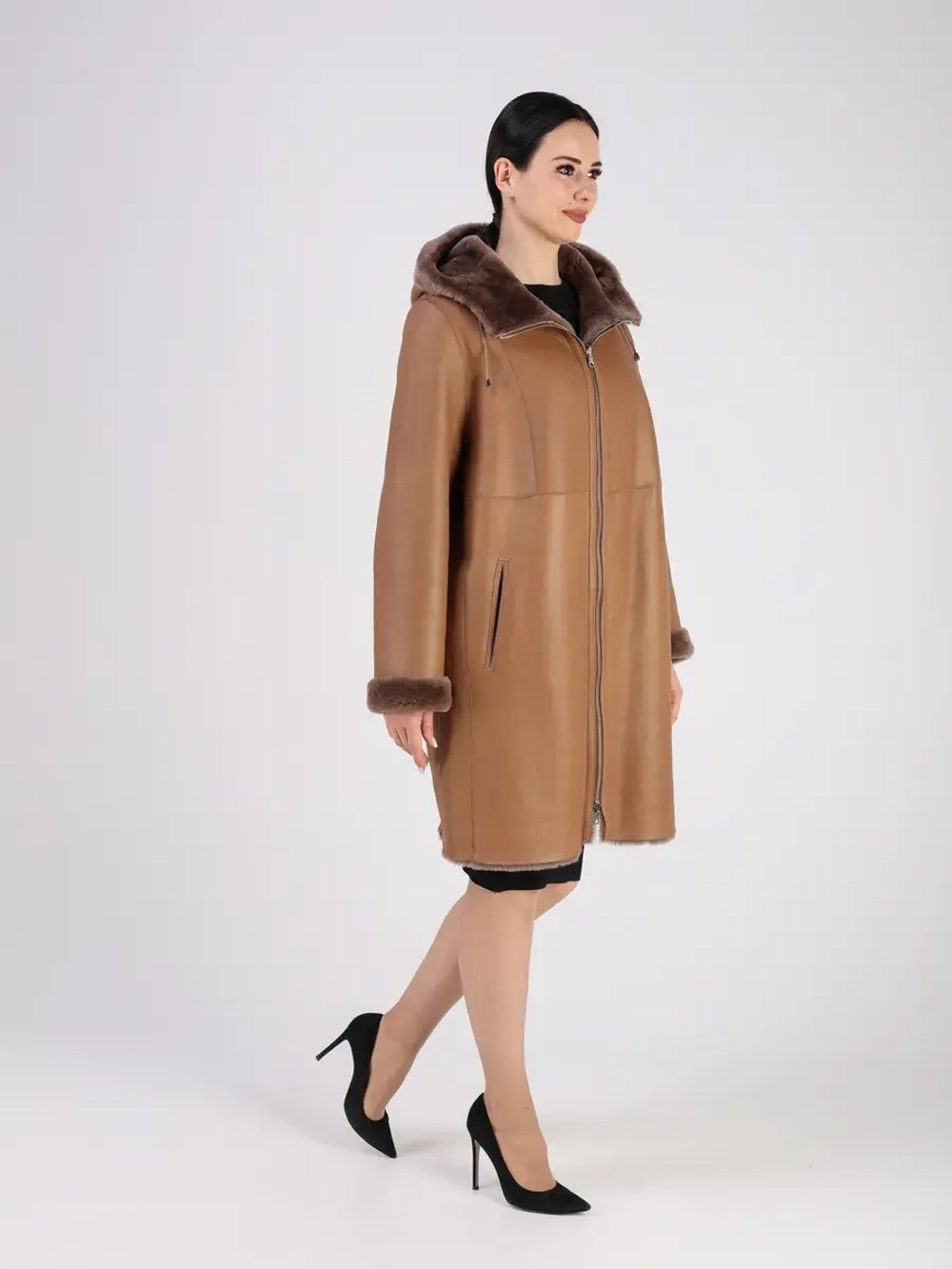 Дубленка зимняя двухсторонняя шуба с капюшоном