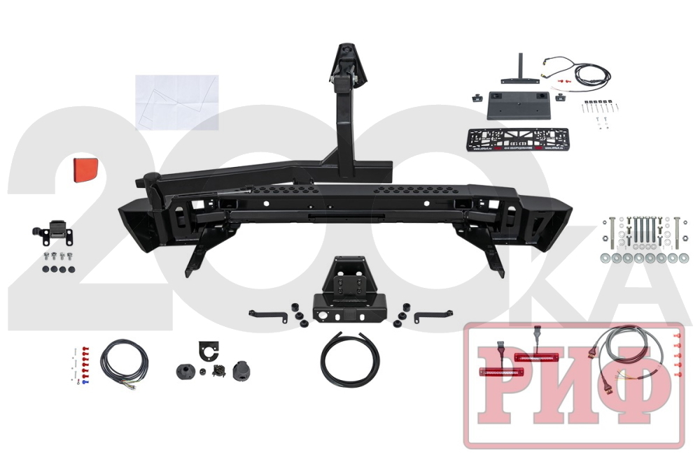 Бампер РИФ силовой задний Toyota Land Cruiser 200 (2007-2012) с квадратом под фаркоп, калиткой, фонарями, подсветкой номера