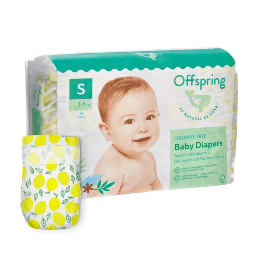 Offspring подгузники, S 3-6 кг. 48 шт. расцветка Лимоны