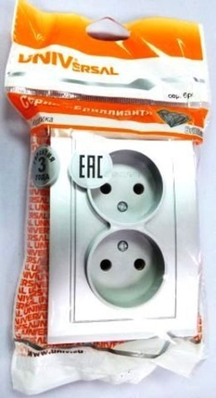 Розетка двухместная "UNIVersal" серия "Бриллиант" б/з, с/у, 16А, 220В, серебро (еврослот) (HU1942)