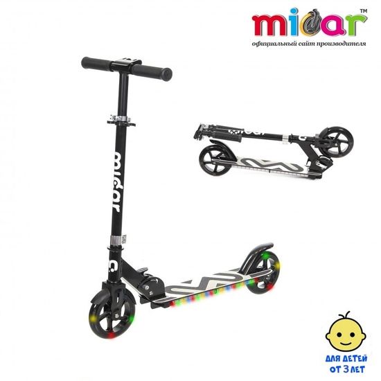 Складной двухколёсный самокат со светящимися колёсами и платформой Micar Flash 145 чёрный