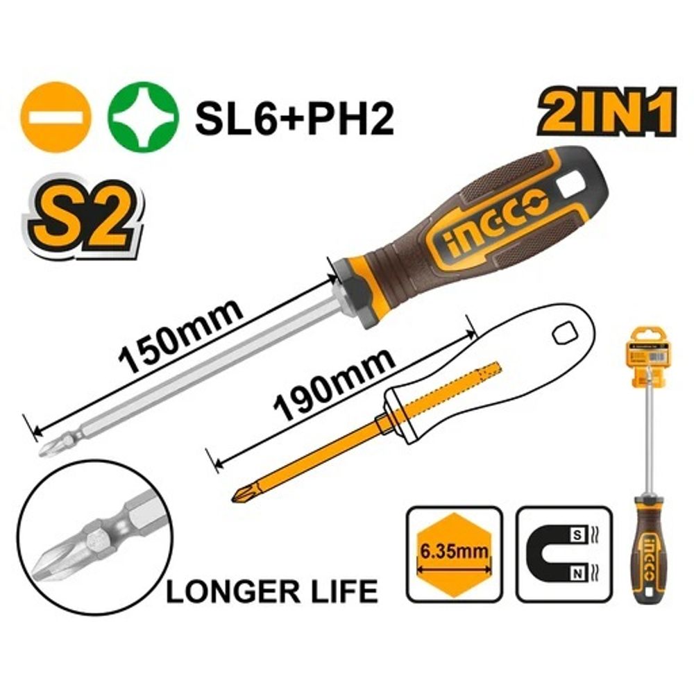 Отвертка двухсторонняя INGCO AKISD26150 PH2+SL6 150 мм