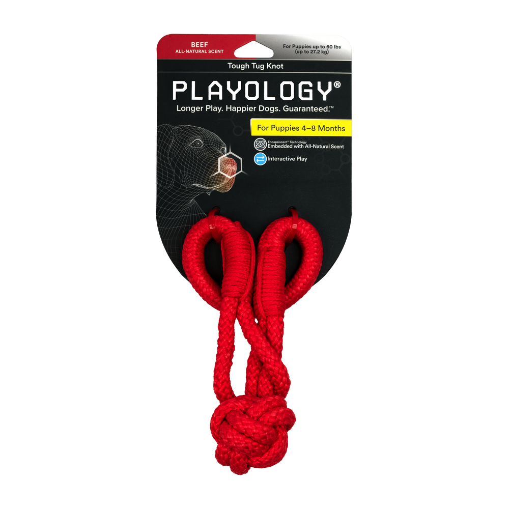 Playology жевательный канат TOUGH TUG KNOT для щенков 4-8 месяцев с ароматом говядины, цвет красный