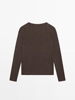 Massimo Dutti Шерстяная футболка с рукавами реглан, коричневый