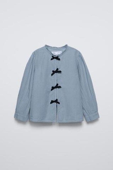 ZARA РУБАШКА В КЛЕТКУ С БАРХАТНЫМИ БАНТАМИ, ВЫЦВЕТШИЙ СИНИЙ