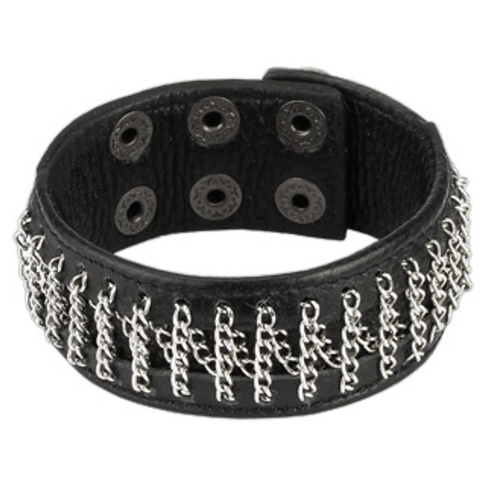 Стильный модный кожаный широкий 3 см чёрный браслет с цепочкой SPIKES SL0115-K