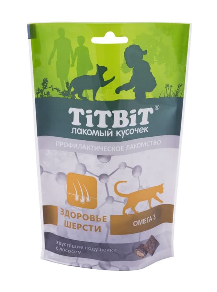Лакомство для кошек TitBit Хрустящие подушечки с лососем, здоровье шерсти, пакет 60 г