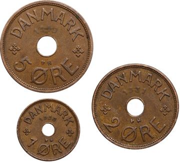 Набор монет 1, 2 и 5 эре 1926-1940 Дания