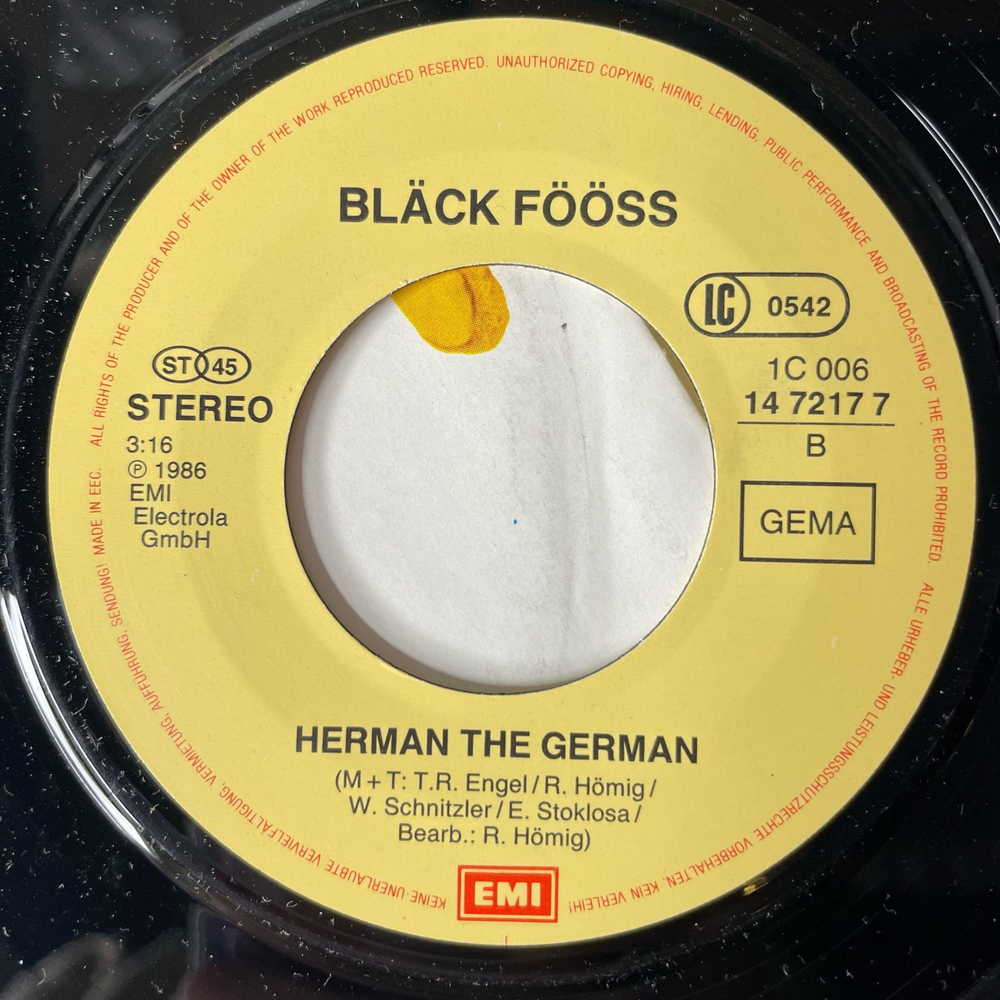 Винтажная виниловая пластинка 7 дюймов (маленькая пластинка) Black Fooss Nena (Германия 1986)