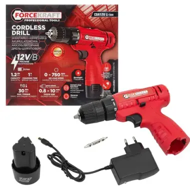 Шуруповерт аккумуляторный с подсветкой и функцией реверса (12V, 1.2Ah, 750об/мин, 30Нм, патрон 0.8-10мм) FORCEKRAFT FK-CDA12V Li-ion