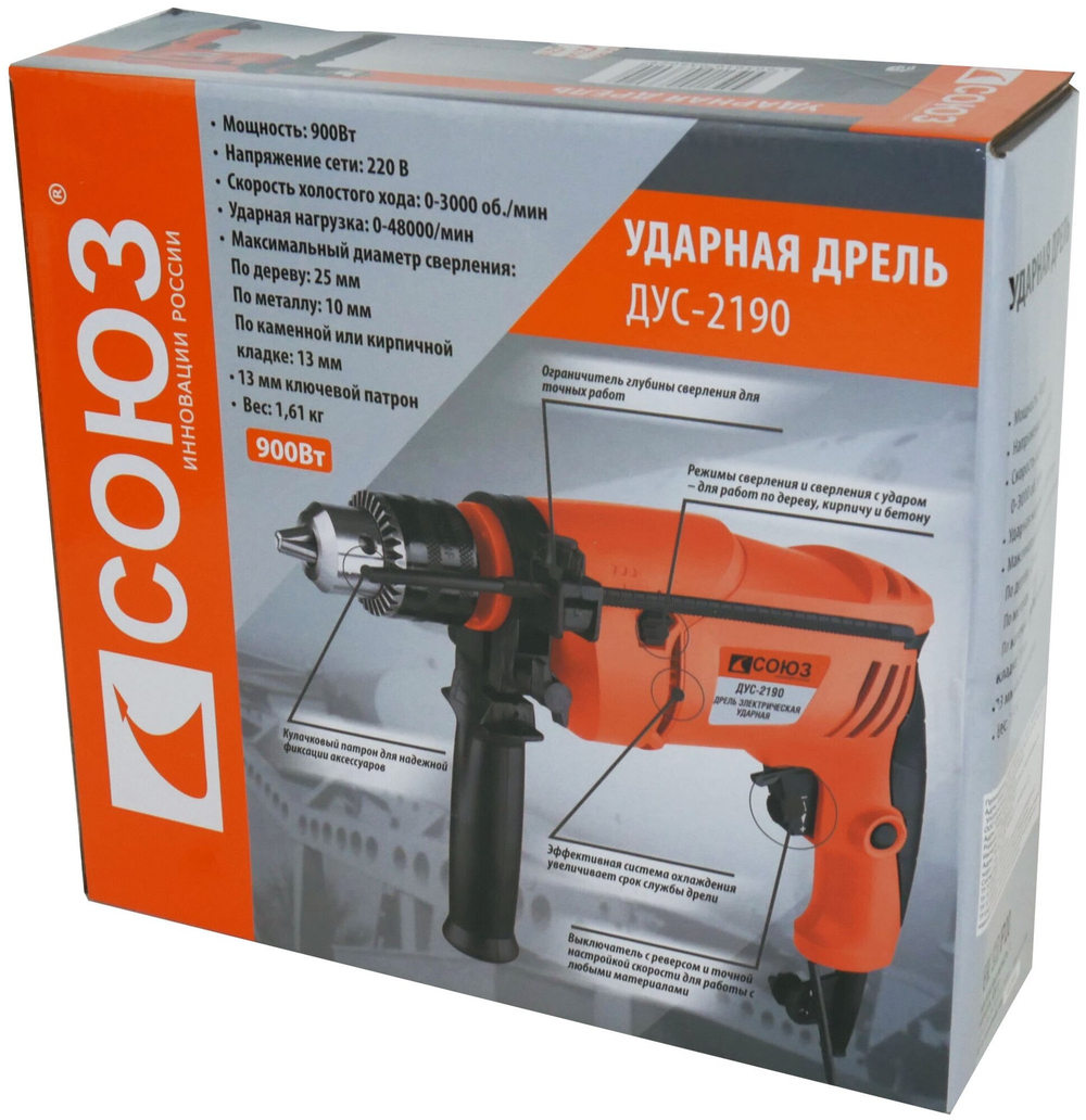 Ударная дрель СОЮЗ ДУС-2190, 900 Вт, без аккумулятора синий