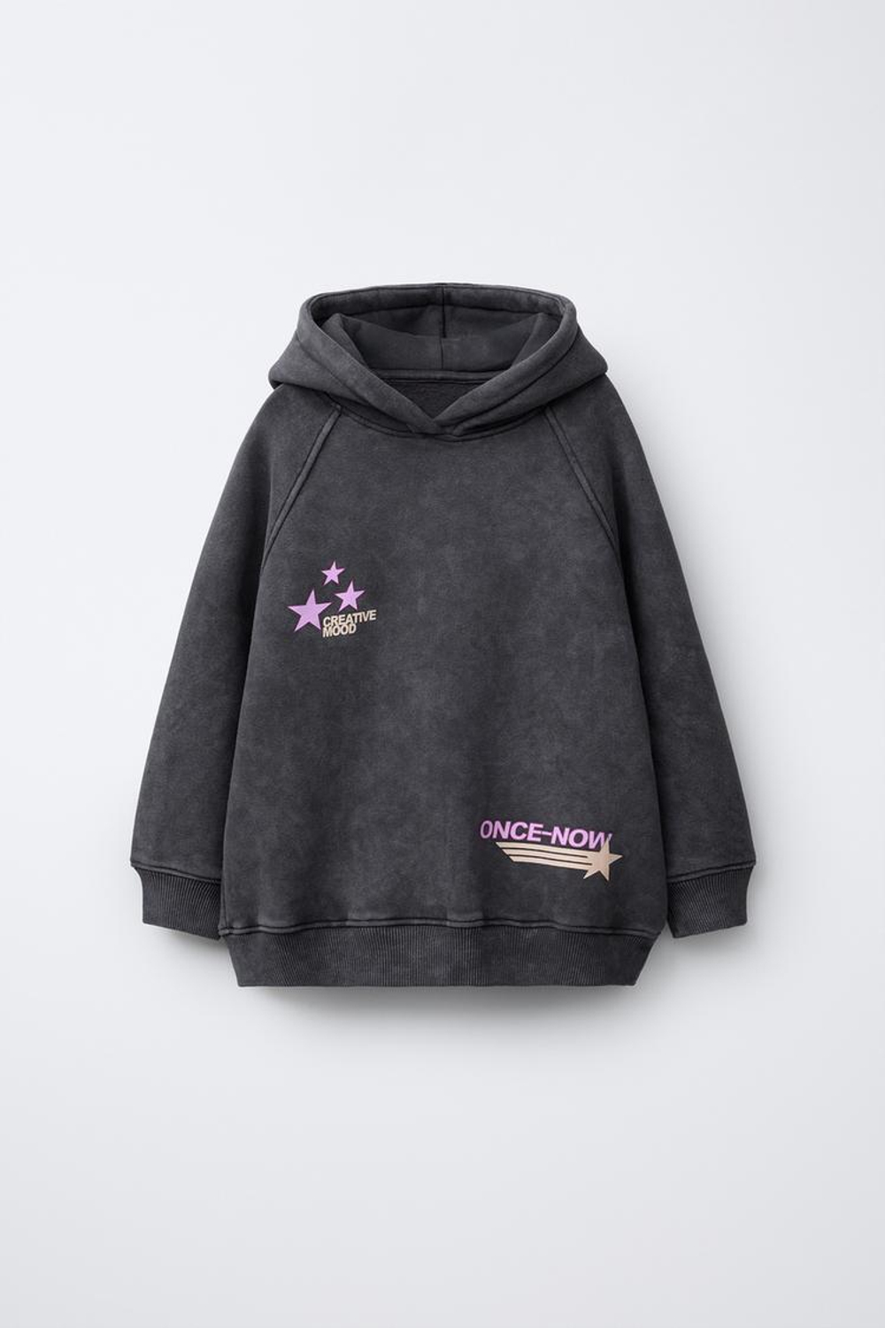 ZARA ТОЛСТОВКА С ЭФФЕКТОМ ПОТЕРТОСТИ С КАПЮШОНОМ И ТЕКСТОМ, АНТРАЦИТОВО-СЕРЫЙ