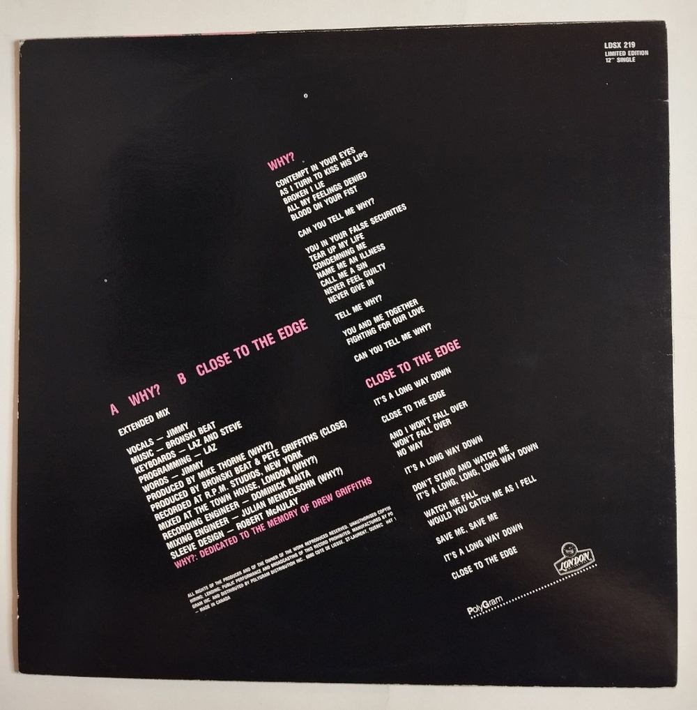 Винтажная виниловая пластинка LP Bronski Beat Why? (Canada 1984)