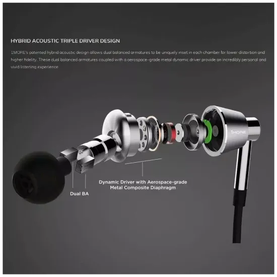 Беспроводные наушники 1MORE Triple Driver BT In-Ear E1001BT, USB Type-C, black/silver