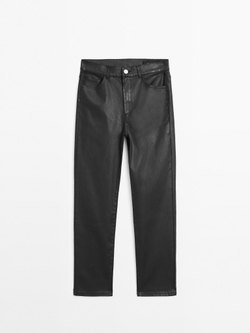 Massimo Dutti Брюки прямого кроя с высокой посадкой и вощеным покрытием, черный
