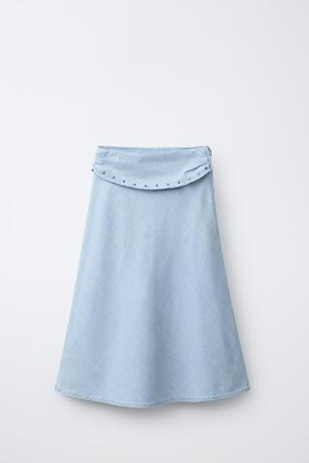 ZARA СВОБОДНАЯ ЮБКА МИДИ С ЗАКЛЕПКАМИ, ГОЛУБОЙ