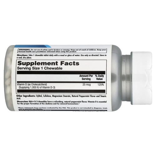 KAL, D-3, мята, 25 мкг (1000 МЕ), 200 жевательных таблеток