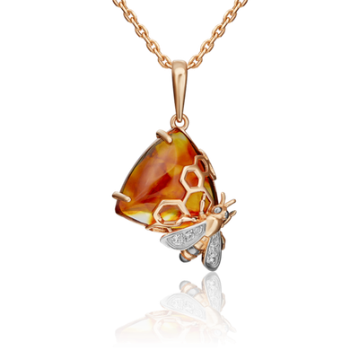 Подвеска «Пчела на сотах» из красного золота с янтарём и натуральными топазами white