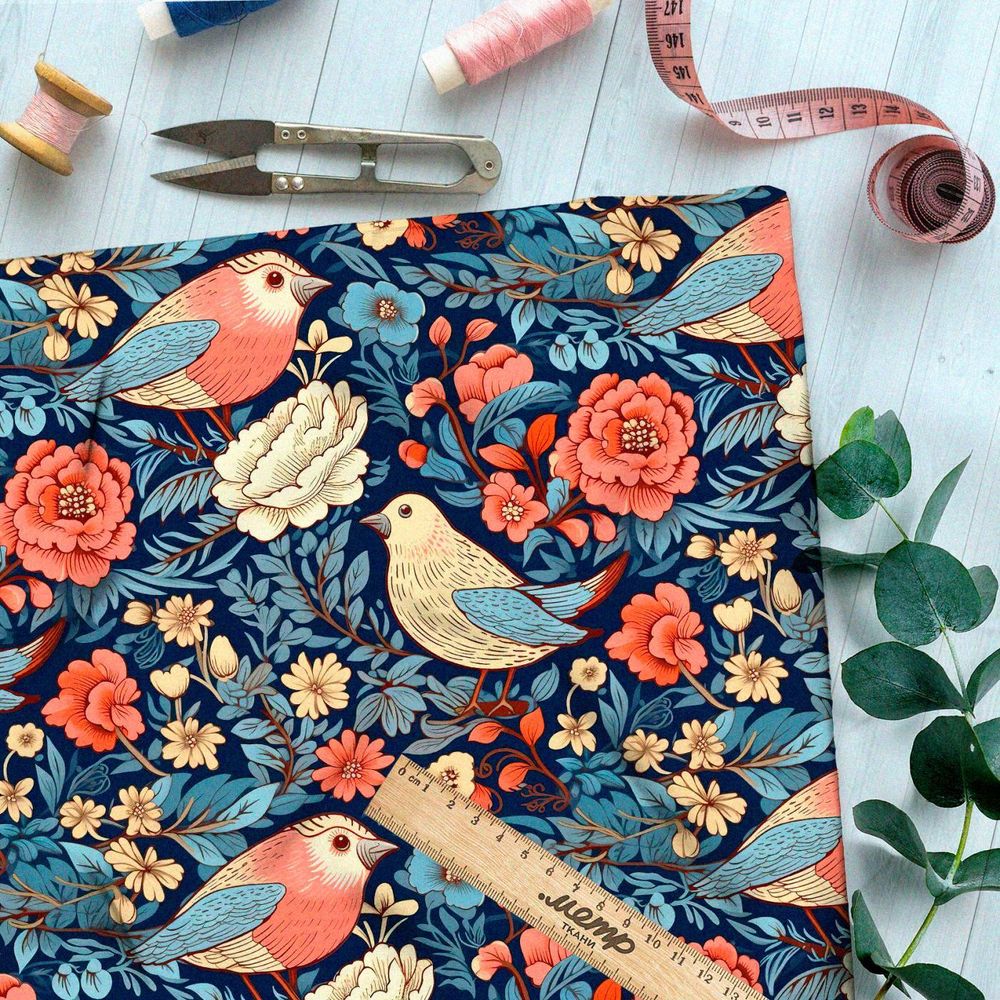 Ткань премиум дюспо сказочные птицы в сине-красной палитре