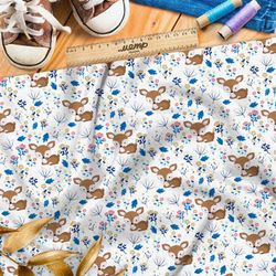 Ткань футер 2-х нитка маленькие оленята в траве на белом фоне