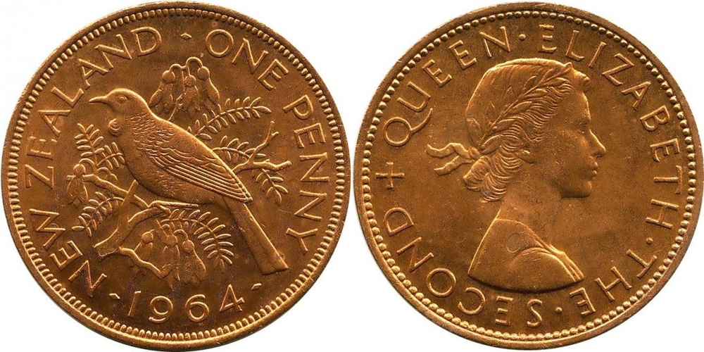 Новая Зеландия 1 пенни, 1956 - 1965 Новозеландский туи aUNC