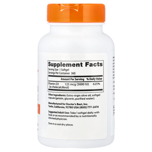 Doctor's Best, витамин D3, 125 мкг (5000 МЕ), 360 мягких таблеток