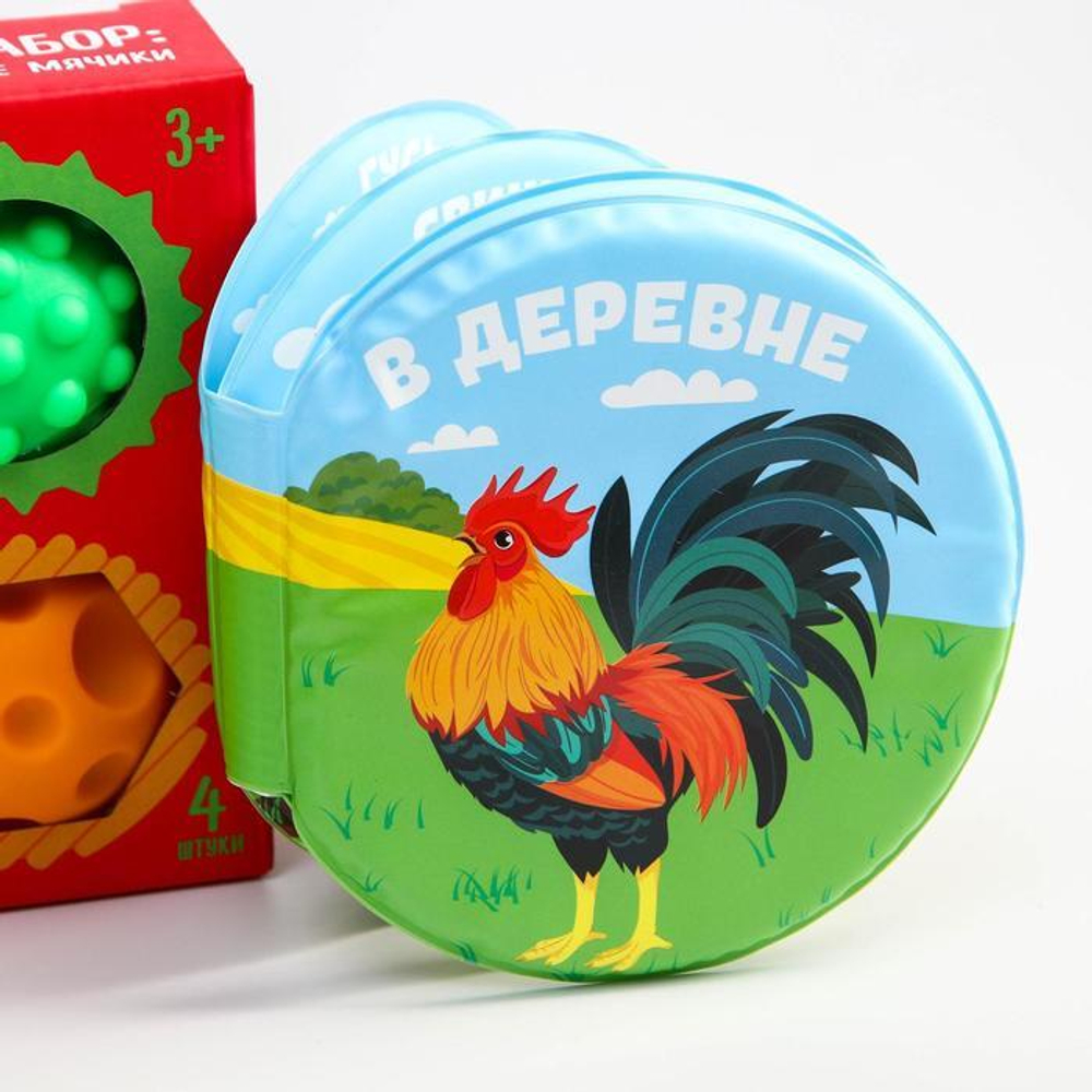 6579823 Развивающий набор «В деревне»: книжка-игрушка, тактильные массажные мячики 4 шт