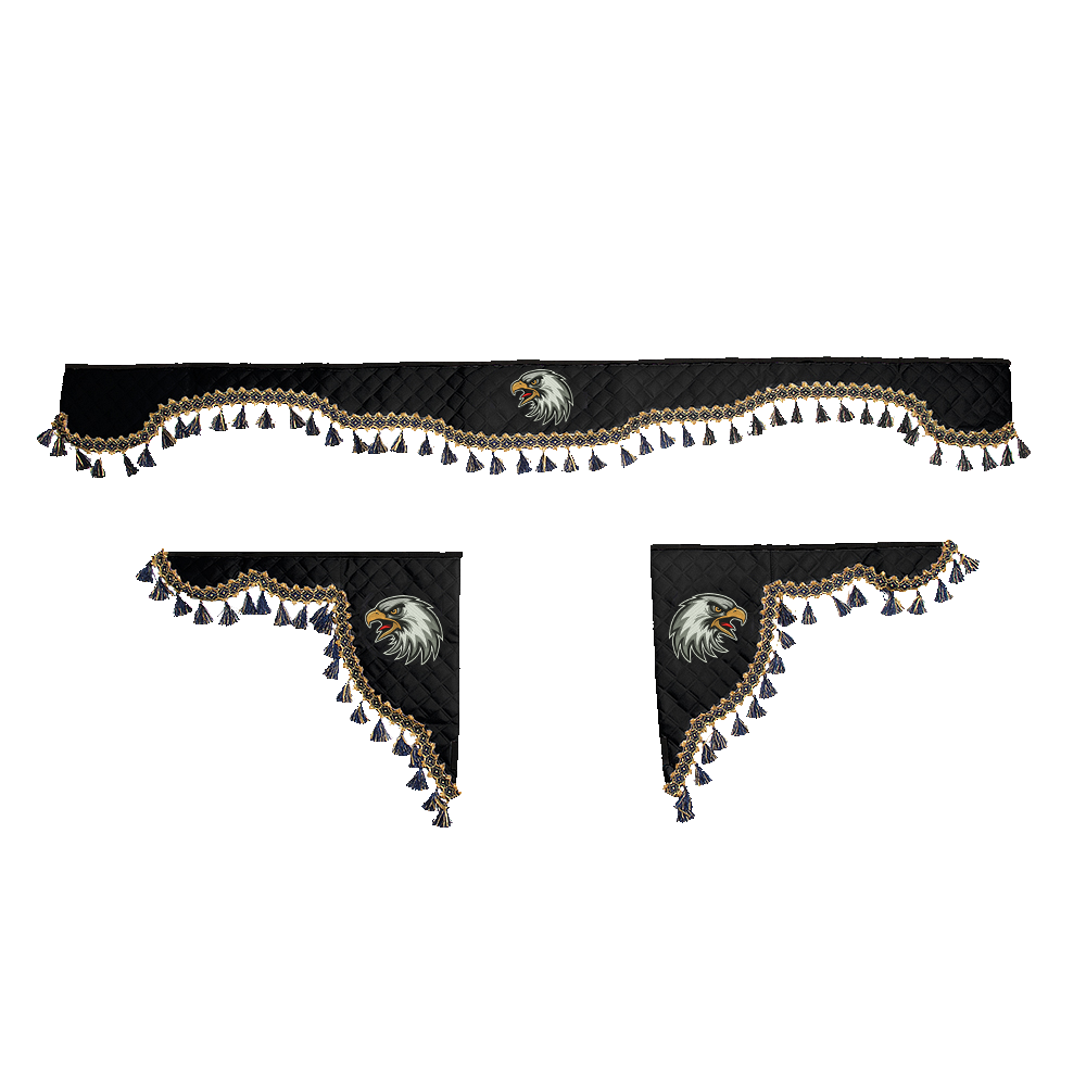 Ламбрекен с косынками универсальные стеганые Орел (экокожа, черный, синие кисточки)