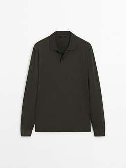 Massimo Dutti Поло из 100% хлопка с длинными рукавами, темно-зеленый