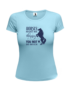 Футболка Horses make me happy женская приталенная голубая с синим рисунком