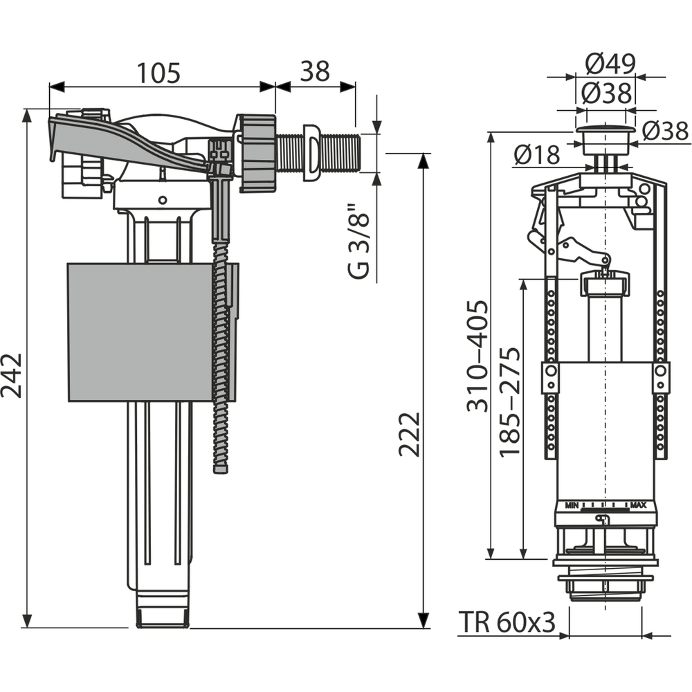 Арматура к смыв. бачку стоп-кноп.ALCAPLAST/Alcadrain 3/8" хр.кн.бок.подв унив колонка SA2000