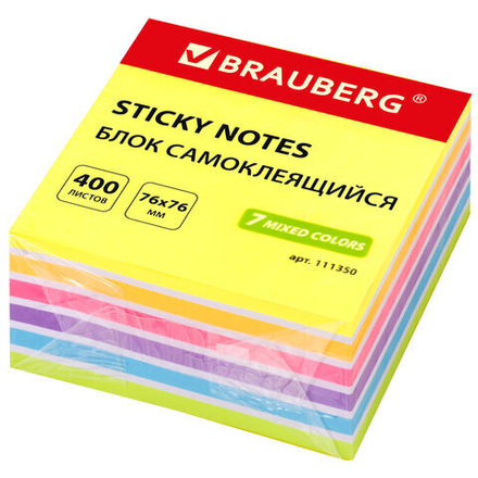 Блок самоклеящийся (стикеры) BRAUBERG НЕОНОВЫЙ 76×76 мм, 400 листов, 7 цветов, 111350