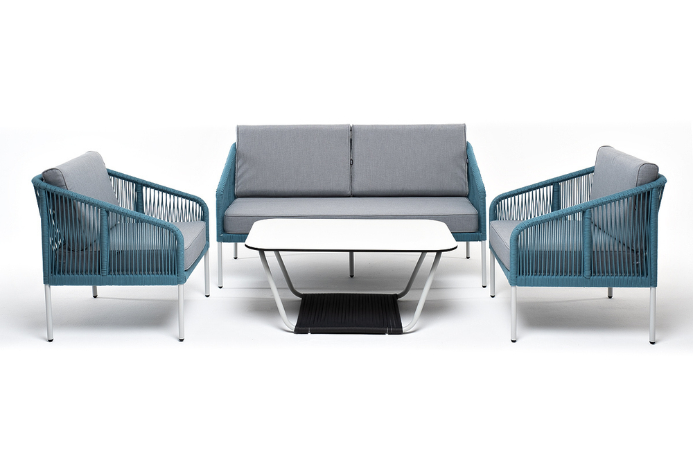 "Канны" лаунж-зона 4-местная из роупа со столом "Гранада" (молочный), каркас алюминиевый светло-серый, роуп бирюзовый