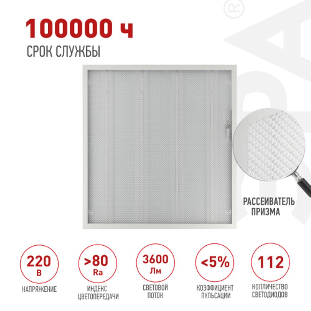 Светильник светодиодный ЭРА SPO-6-36-4K-P 36Вт 4000К IP40 595x595 призма | Светильники с внутренним драйвером