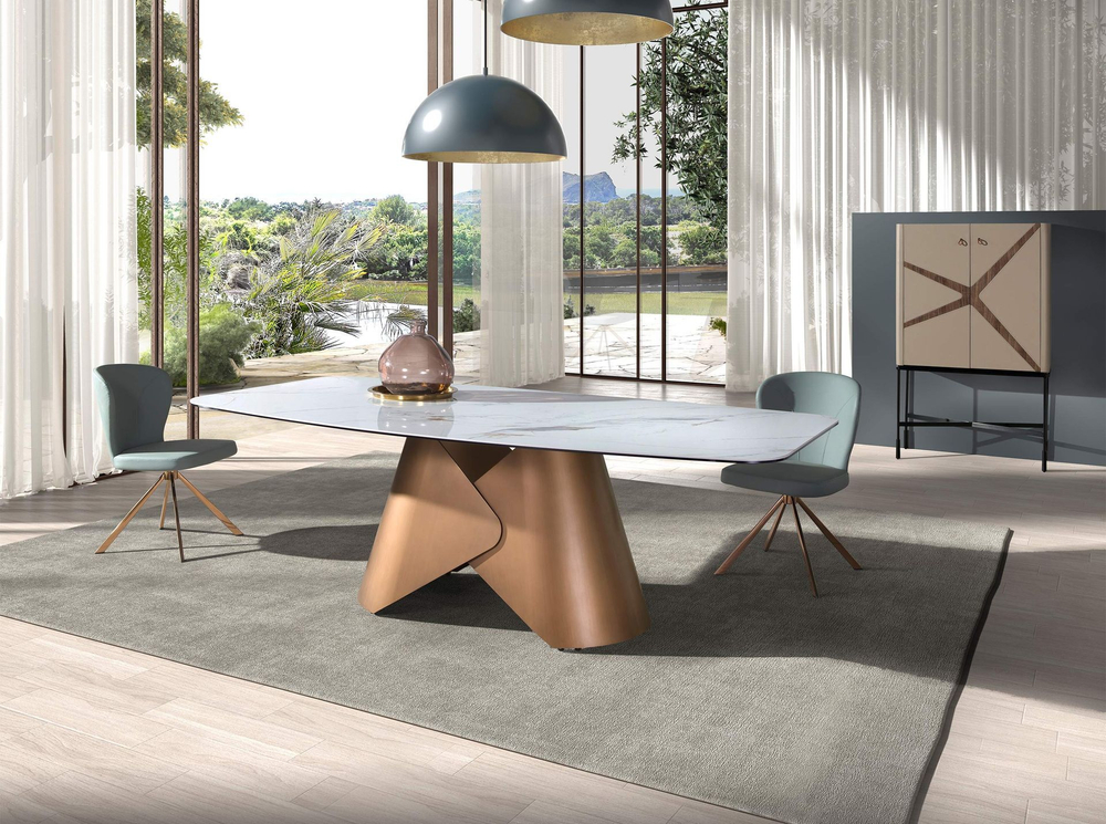 Овальный обеденный стол 1172 из белой керамики и бронзовой стали