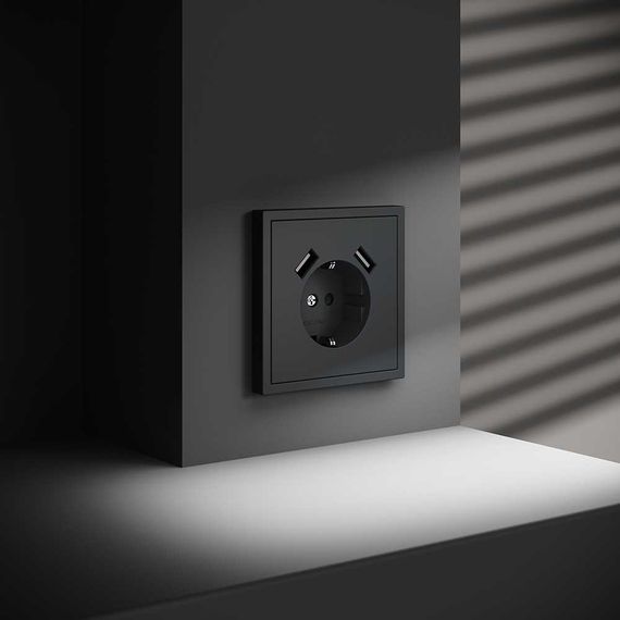 Розетка встраиваемая Voltum S70 с заземлением и защитными шторками, 16А, с USB, A+A, (графит) VLS040407