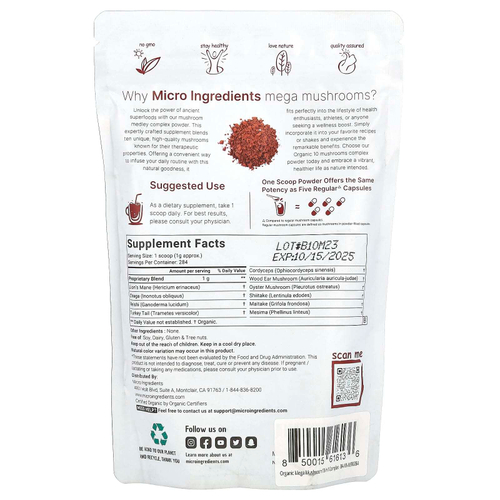 Micro Ingredients, Порошок из органических грибов, 284 г (10 унций)
